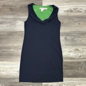 Gretchen Scott Navy Blue Green Women S Ruffle Neck‎ Sleeveless Sheath Dress